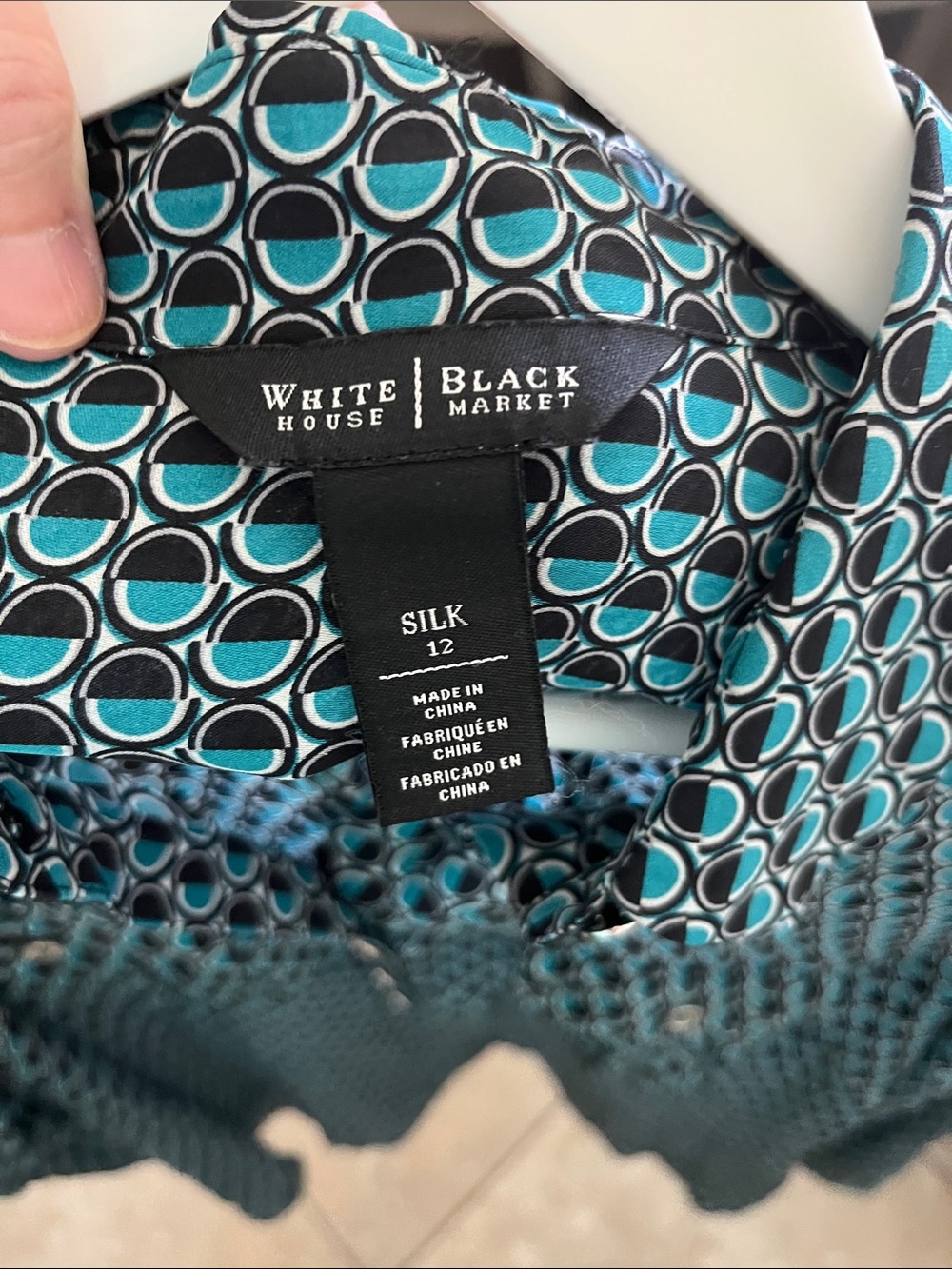 White House Black Market  Teal and Black Geometric Button-Front Blouse Sz 12 - Picture 8 of 10